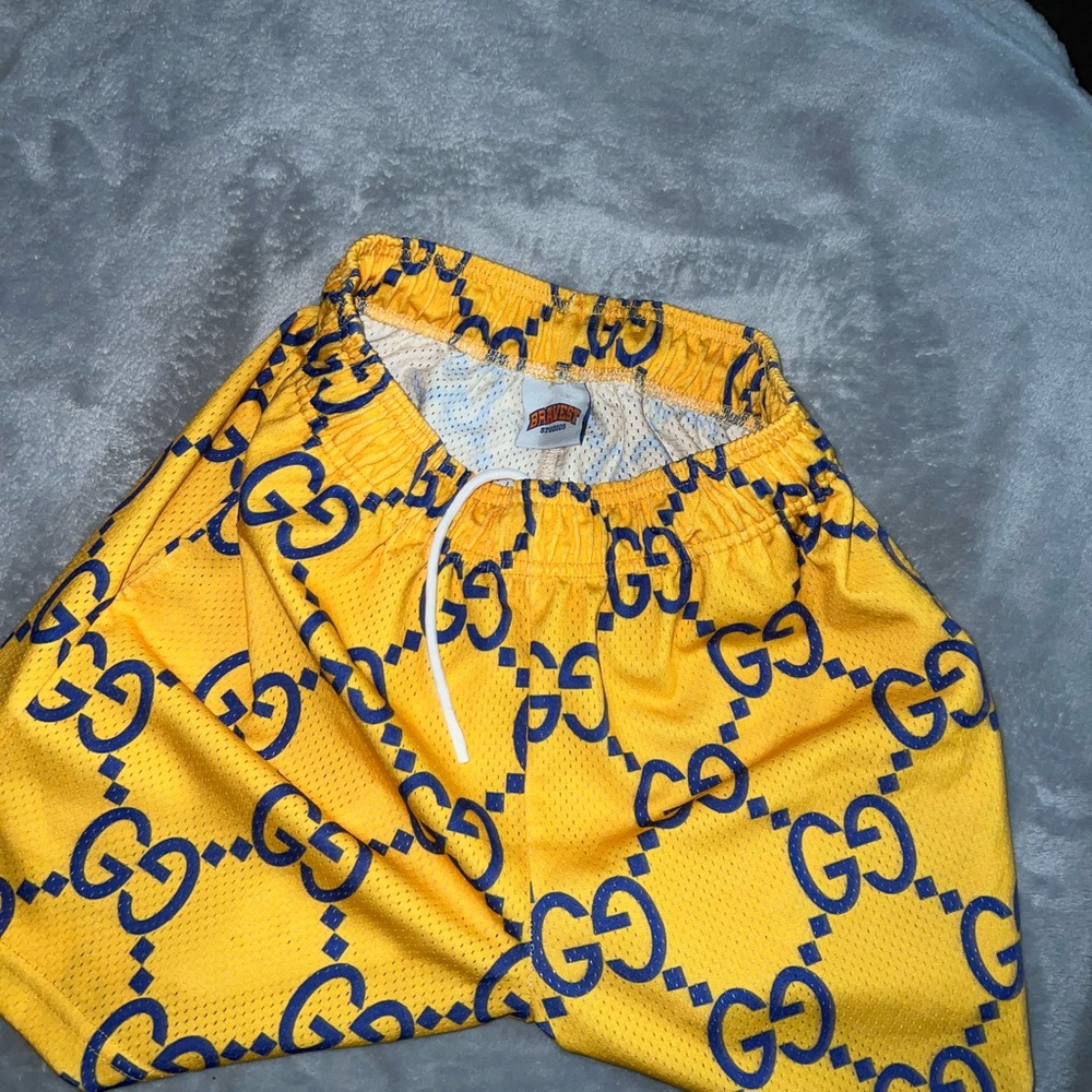 Mens Bravest Studios Gucci patter Yellow and Blue Logo Shorts